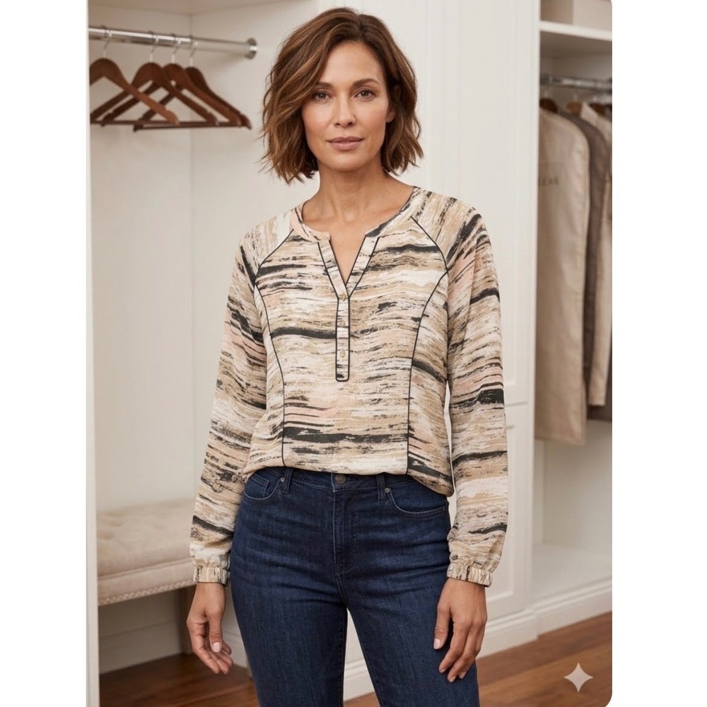 Calvin Klein Blouse Womens L Tan Abstract Print Long Sleeve V-Neck Office Chic